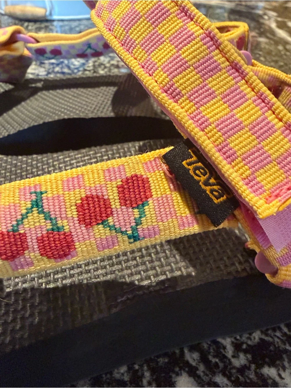 Teva Womens Pink and Yellow Check with cherries Platform Strap Sandals